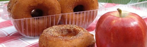 A clear container of cinnamon sugar donuts next to a shiny red apple on a checkered tablecloth.