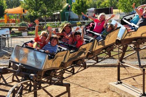 A group of excited children wave from a roller coaster, enjoying a sunny day at an amusement park.