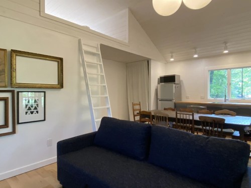 Cozy interior featuring a blue sofa, dining area, and a loft accessed by a white ladder in a bright, modern space.