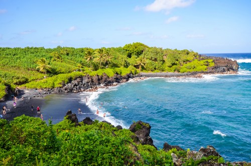 A scenic view of a black sand beach surrounded by lush greenery and rocky cliffs under a clear blue sky.