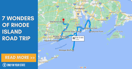 Map highlighting a road trip route to the 7 Wonders of Rhode Island, with travel time and distance noted.
