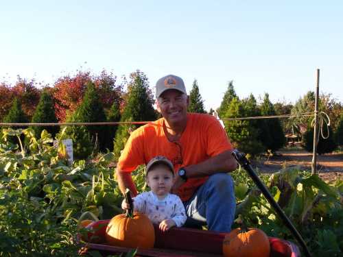 A man and a young child sit in a garden with pumpkins, surrounded by greenery and trees under a clear blue sky.