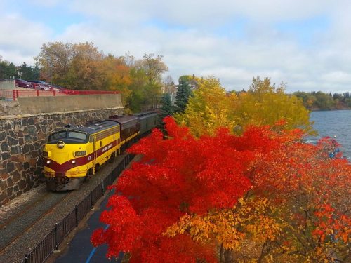 A yellow train travels along a scenic route beside vibrant autumn trees and a calm body of water.