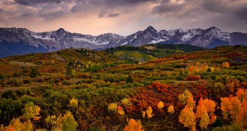 A vibrant autumn landscape with colorful trees in the foreground and snow-capped mountains in the background under a cloudy sky.