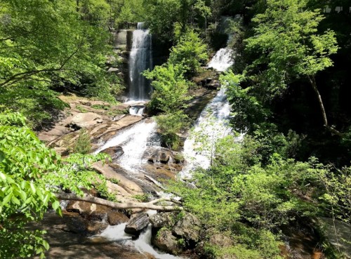 A serene waterfall cascades over rocks, surrounded by lush green trees and foliage in a tranquil natural setting.