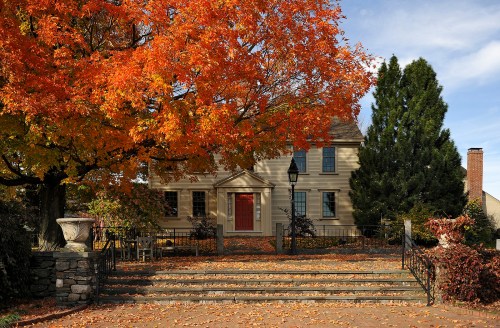 A charming house with a red door, surrounded by vibrant autumn foliage and a stone pathway covered in fallen leaves.