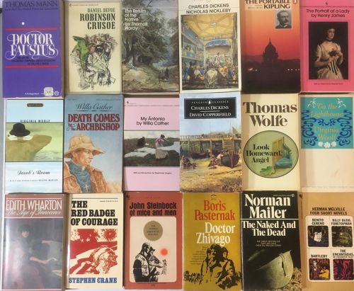 A collage of classic book covers, featuring titles by authors like Thomas Mann, Edith Wharton, and Charles Dickens.