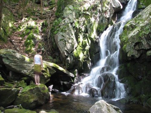 A person stands near a serene waterfall surrounded by lush greenery and rocky terrain.