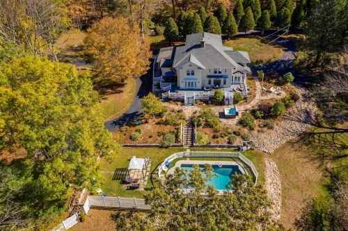 Aerial view of a large house with a pool, surrounded by trees and landscaped grounds in a serene setting.