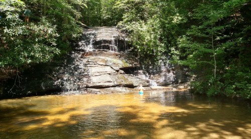 A serene waterfall cascades over rocks into a calm pool surrounded by lush green trees. A person wades in the water.