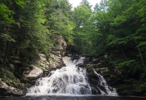 A serene waterfall cascades over rocks, surrounded by lush green trees in a tranquil forest setting.