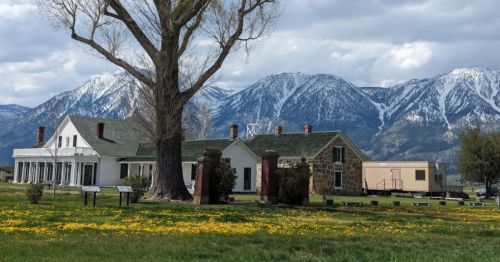 Historic buildings with a large tree in the foreground, set against snow-capped mountains and a cloudy sky.
