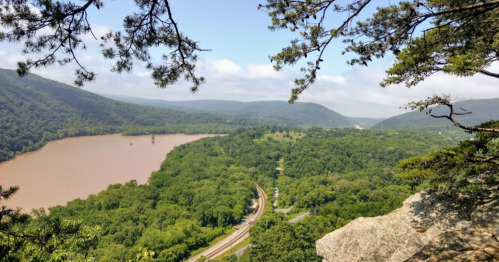 A scenic view of a river winding through lush green hills, framed by tree branches in the foreground.