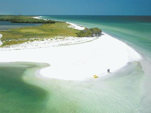Aerial view of a serene beach with white sand, turquoise water, and a couple walking along the shore.