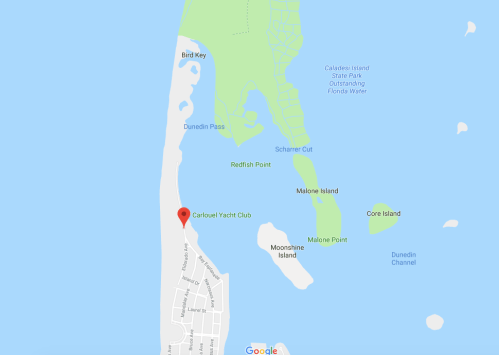 Map showing the location of Carousel Yacht Club near Bird Key and surrounding islands in Florida.
