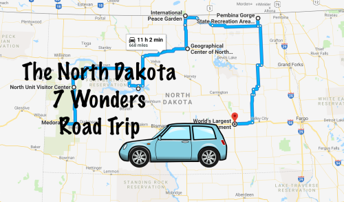 Map of North Dakota highlighting a road trip route to the 7 Wonders, featuring a cartoon car illustration.