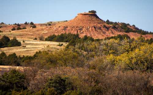 A flat-topped red rock formation rises above a landscape of trees and rolling hills under a clear blue sky.