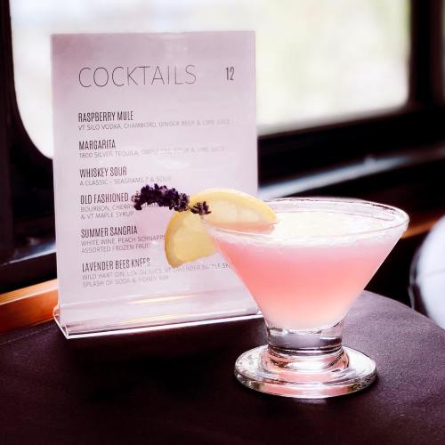 A pink cocktail garnished with a lemon slice and lavender, next to a cocktail menu on a table.
