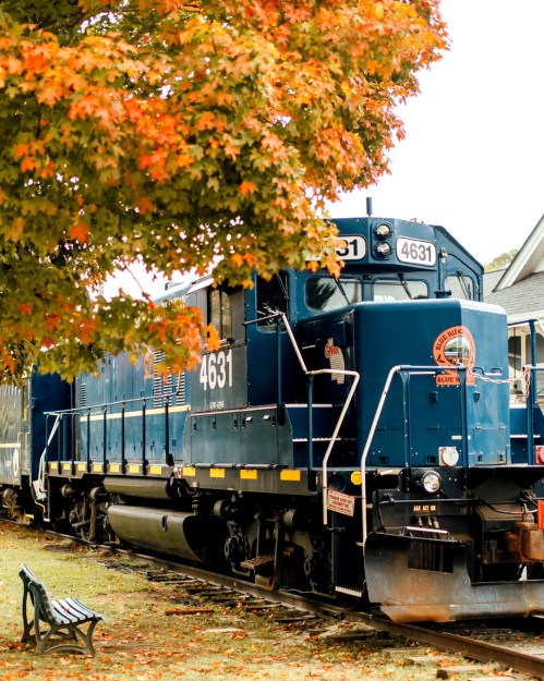 A blue train engine parked beside a tree with vibrant autumn leaves.