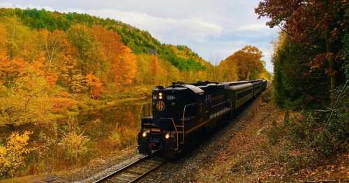 A black train travels along tracks surrounded by vibrant autumn foliage and a scenic landscape.