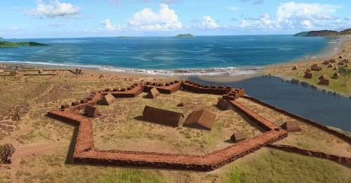 Aerial view of a coastal settlement with an octagonal fort, surrounded by water and hills, featuring thatched-roof houses.