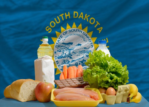 Basic groceries displayed in front of South Dakota state flag, USA.