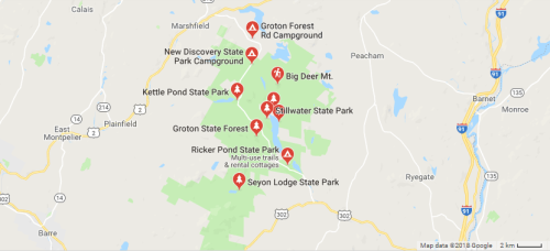 Map showing various campgrounds and parks in the Groton area, including Groton State Park and Kettle Pond State Park.