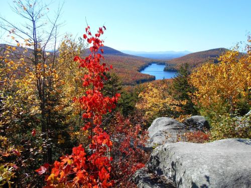 A vibrant autumn landscape featuring colorful trees, a serene lake, and distant mountains under a clear blue sky.