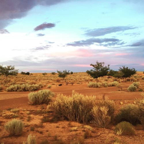 A serene desert landscape at sunset, featuring sparse vegetation and a colorful sky with soft clouds.
