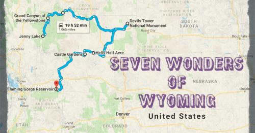 Map highlighting the route to the Seven Wonders of Wyoming, including landmarks like Devils Tower and Jenny Lake.