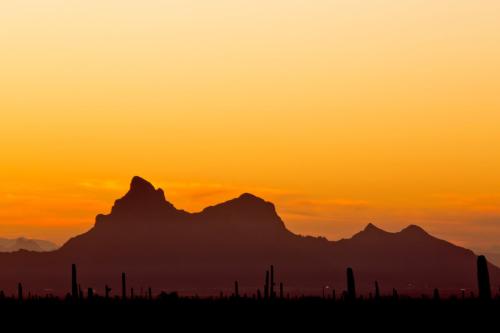 Silhouette of mountains against a vibrant orange sunset, with cacti in the foreground.