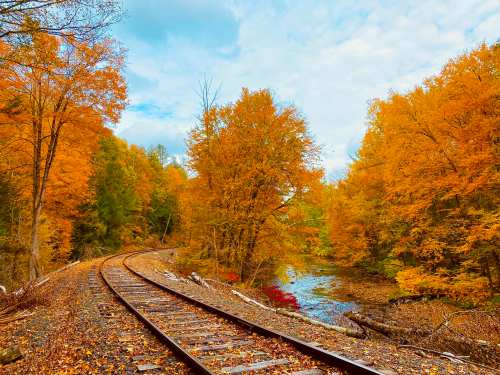 A winding railway track surrounded by vibrant autumn trees and a serene river under a cloudy sky.