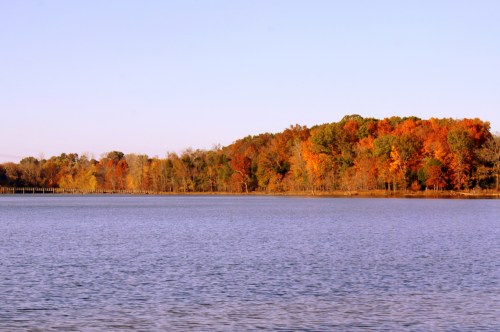 A serene lake surrounded by trees displaying vibrant autumn colors under a clear blue sky.