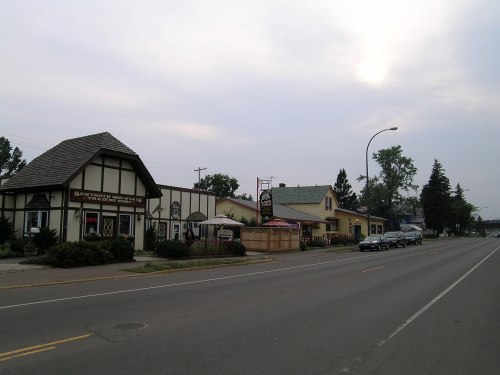 A quiet street scene featuring a mix of buildings, including shops and houses, under a cloudy sky.