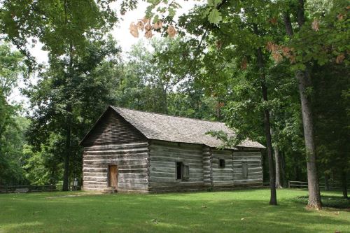 A rustic log cabin surrounded by trees in a grassy area, showcasing a peaceful natural setting.