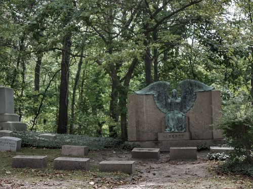 A serene cemetery scene featuring a large angel statue surrounded by trees and simple grave markers.
