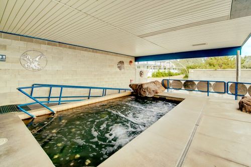 A tranquil indoor spa area featuring a hot tub with bubbling water and a rock feature, surrounded by a modern design.