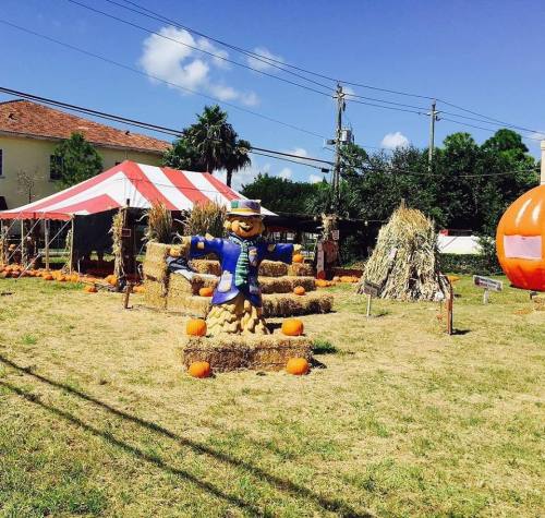 A festive outdoor scene with a scarecrow, hay bales, pumpkins, and a striped tent under a clear blue sky.