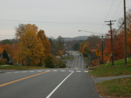 A winding road lined with colorful autumn trees, leading into a small town under a cloudy sky.