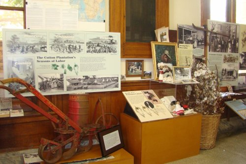 Exhibit showcasing cotton plantation history with photos, text panels, and a vintage plow in a museum setting.