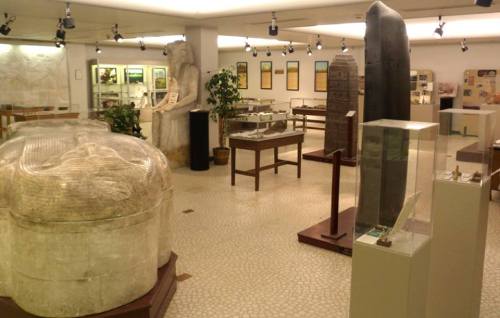 A museum interior featuring various artifacts, display cases, and informational panels in a well-lit space.