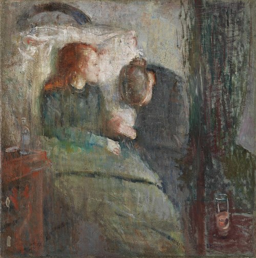 A soft, impressionistic painting of a woman in bed, with a man leaning in close, conveying intimacy and emotion.