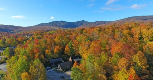 Aerial view of vibrant autumn foliage covering mountains and a small cluster of buildings below.