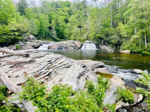 A serene landscape featuring a river with small waterfalls, surrounded by lush green trees and rocky formations.