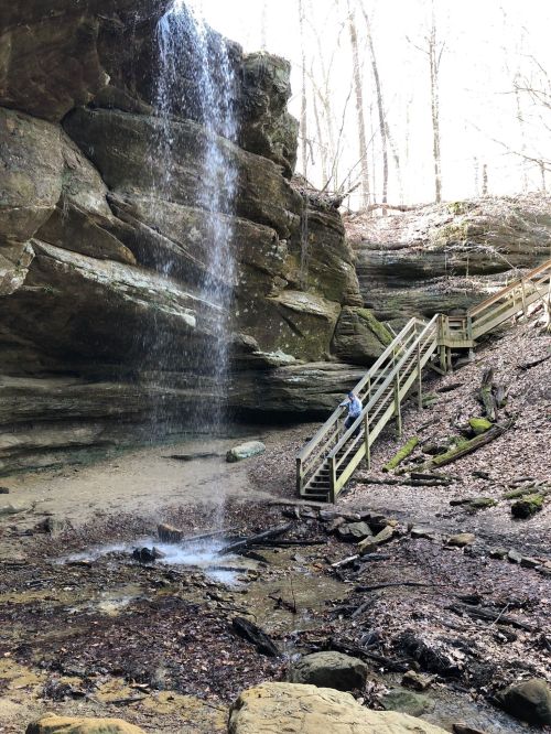 A waterfall cascades down rocky cliffs beside a wooden staircase in a forested area with leaf-covered ground.