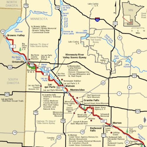 Map of the Minnesota River Valley Scenic Byway, highlighting routes and nearby towns in Minnesota and North Dakota.