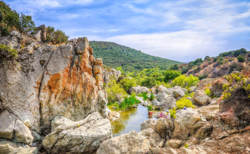 A serene landscape featuring rocky formations, lush greenery, and a calm water pool under a cloudy sky.