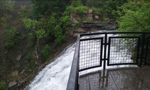 A view of a rushing waterfall from a wooden deck surrounded by lush greenery.