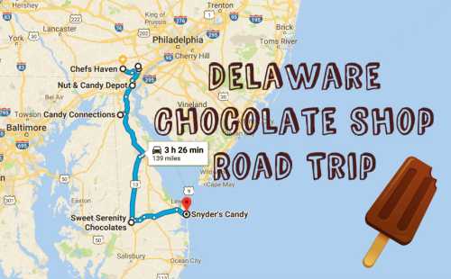 Map showing a chocolate shop road trip in Delaware, highlighting various stops and a route of 139 miles.