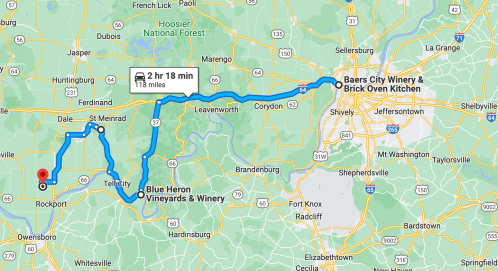 Map showing a route from Rockport to Baers City Winery & Brick Oven Kitchen, passing Blue Heron Vineyards & Winery.